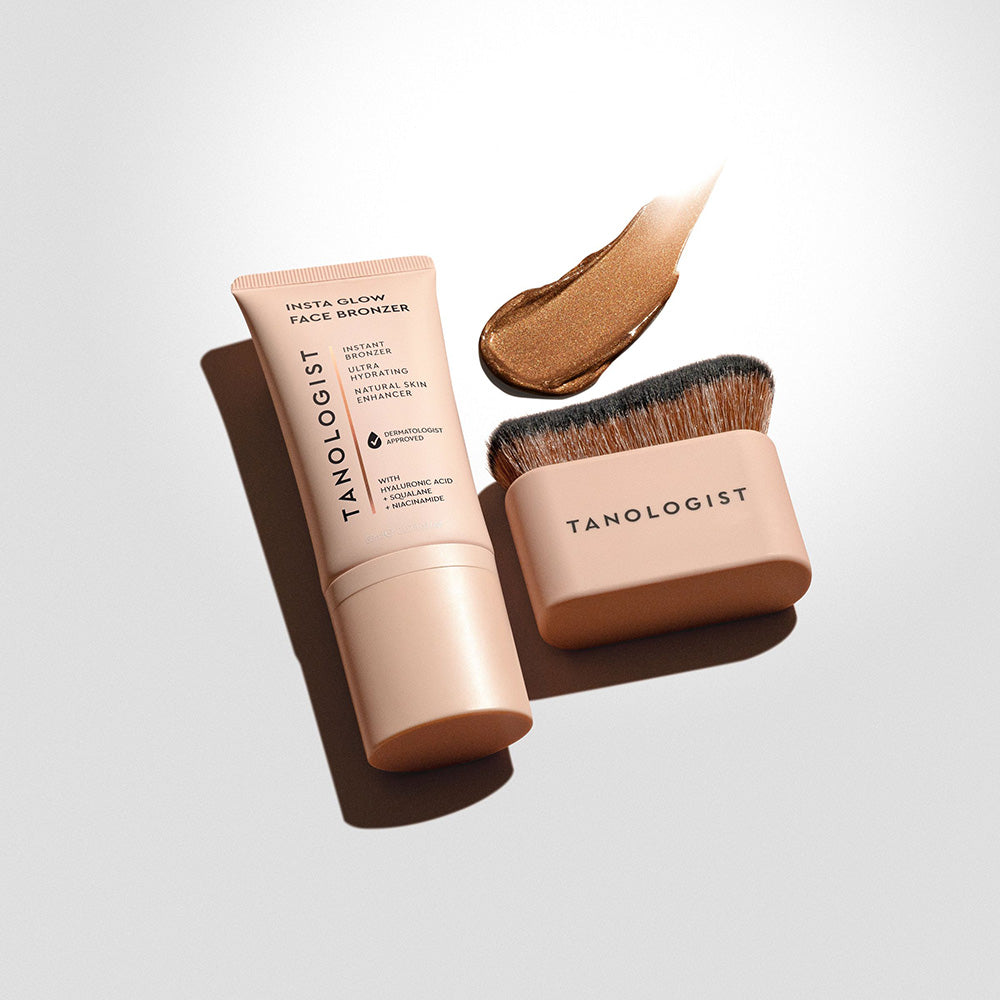 Tanologist Insta Glow Face Bronzer tube next to its compact case, with a bronzer swatch and application brush shown alongside.